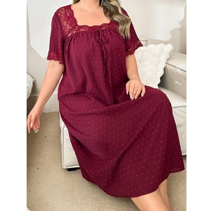Burgundy loose-fit women sleepwear dress with square neck lace and polka dot texture