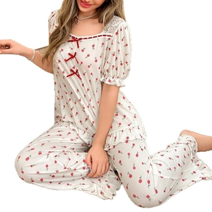 Women's square neck lace pajamas set with floral print and red bowknot details