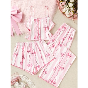 Ensemble de pyjama 3 pièces à rayures roses avec imprimés nœuds et bords volantés