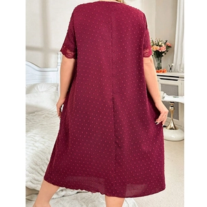 Loose-fit wine red Swiss dot nightdress with lace cuffs and wavy hem, back view