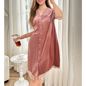 Pink velvet short-sleeved nightgown with lace trim and pearl buttons for women