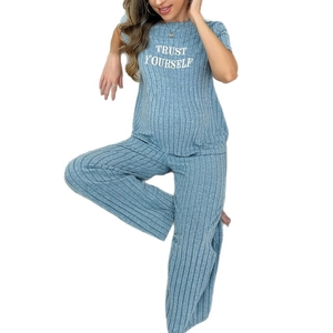 Blue maternity loungewear set with letter print and ribbed knit texture pants