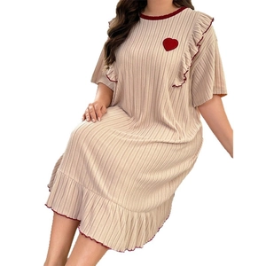 Women's beige heart pattern knit nightdress with ruffled sleeves and hem for casual home wear