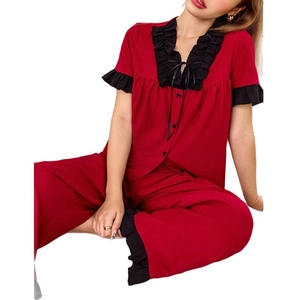 Women's V-neck red pajamas set with black lace trim, short sleeve top and long pants