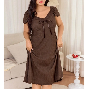 Deep brown V-neck lace dress in textured crinkle fabric with bow detail for women
