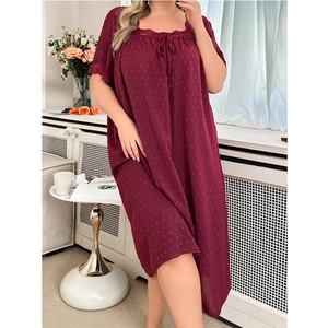 Plus-size dark red Swiss dot nightdress with square lace neck and short sleeves