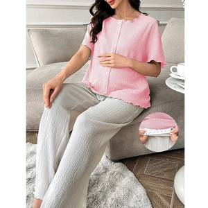 Short sleeve pleated maternity pajamas set with pink button top and grey wide leg pants