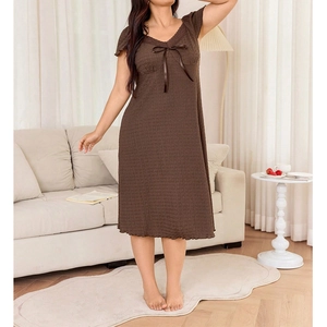 Deep brown lace pajamas dress with V-neck bow detail and elegant ruffled hemline