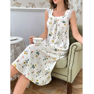 Women's white floral sleeveless nightgown with square neck and delicate lace straps