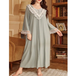 Women Plus Size Long Sleeve Nightgown Lace Trim V-Neck Loose Modal Sleepwear Retro Sage Green Home Dress