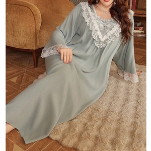 Loose fit long sleeve nightgown with white lace trim and button detail in sage green