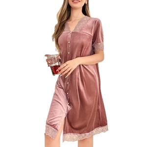 Elegant velvet lace short-sleeve sleepwear dress in dusty rose with button-front design