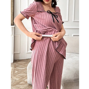 Women's square neck ribbed pajamas set with short sleeves and adjustable elastic waist pants