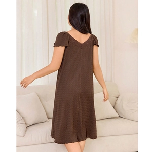 Deep brown short sleeve lace nightgown with pleated texture and V-neck back design