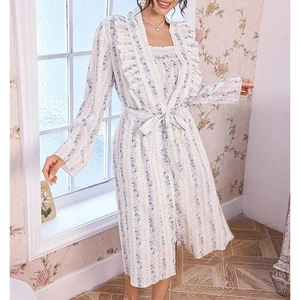 Floral two-piece sleepwear set with long-sleeved robe and ruffle dress in creamy white