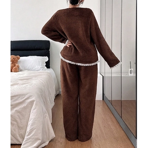 Two-piece coffee brown plush pajama set with white lace trim for women at home