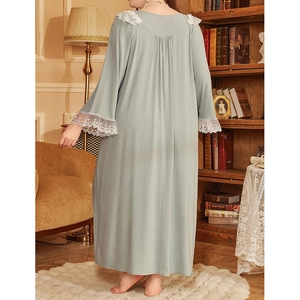 Loose bean green nightgown with white floral lace trim and long sleeves for women