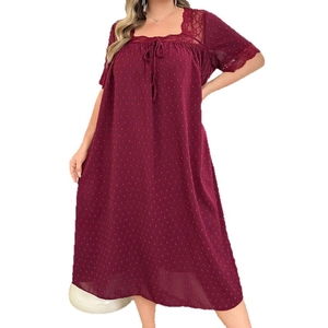 Burgundy loose sleepwear dress with Swiss Dot texture and delicate lace neckline