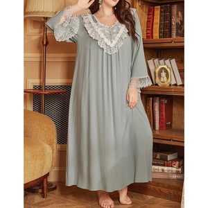 Elegant grey long-sleeve nightgown with lace trim and vintage loose fit design