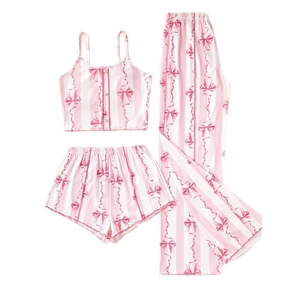 Ensemble pyjama trois pièces pour femme avec rayures roses et imprimés nœuds en tissu doux