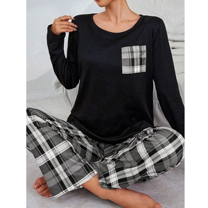 Ensemble pyjama femme à manches longues noir et pantalon à carreaux pour tenue d'intérieur