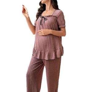 Pink ribbed maternity loungewear set with square neck top and elastic waist pants
