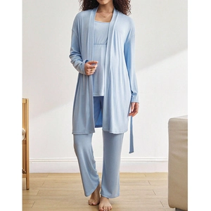 Three-piece light blue ribbed maternity loungewear set with cardigan, top and trousers