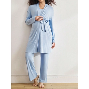 Three-piece light blue ribbed maternity loungewear set with cardigan and trousers