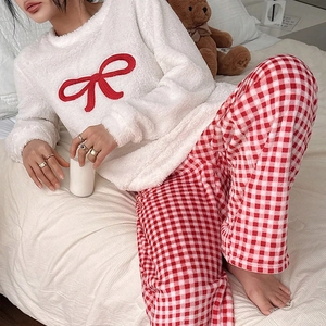 Women's warm plush pajama set with long sleeves, red bow embroidery and plaid trousers