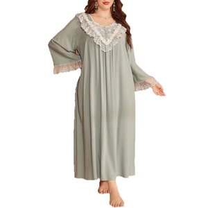 Loose sage green nightdress with long sleeves and elegant lace trim detailing