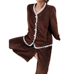 Women's brown plush fleece pajamas set with elegant white lace trim and button detail