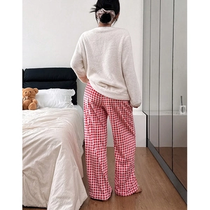 Women warm plush white fleece pajama top with classic red checkered long pants