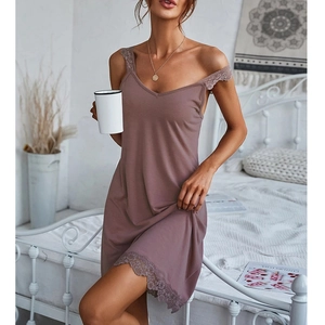 Elegant dusty mauve slip nightgown with delicate lace trim and v-neckline