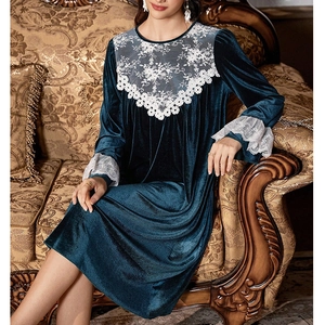 Elegant navy velvet long-sleeve nightgown with intricate white lace patchwork detailing