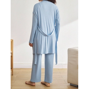 Three-piece light blue knit maternity sleepwear set with long sleeve cardigan and pants