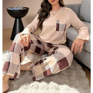 Women's 2-piece beige and plaid long-sleeve pajamas set for comfortable home wear