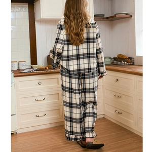 Classic plaid pajama set for women with long sleeve top and ruffle hem pants in beige