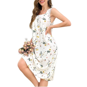 Floral square neck sleeveless lace nightdress in soft white fabric with yellow flowers