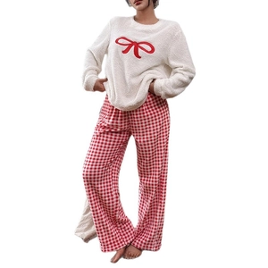 Women's warm fuzzy fleece pajamas set with red bow embroidery and plaid pants