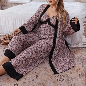 Grande Taille Femmes Pyjama en Satin à Imprimé Floral Top Caraco Peignoir Long Et Pantalon Loungewear Vêtements de Nuit