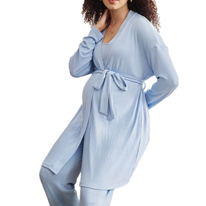 Three-piece maternity lounge set with soft ribbed knit cardigan and pants in light blue