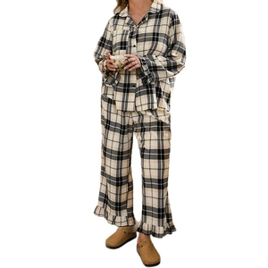 Vintage plaid pajama set featuring long-sleeve button-up shirt and ruffled hem wide-leg pants