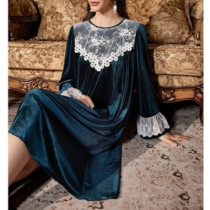 Elegant dark green velvet long-sleeve nightdress with white floral lace trim detailing