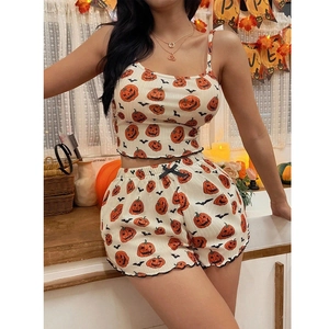 Women's Halloween pumpkin print camisole and shorts pajama set with lettuce edge trim