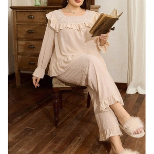 Women Plus Size Loungewear Swiss Dot Lace Square Neck Ruffle Long Sleeve Top And Pants Pajama For Casual Home Wear
