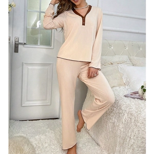 Women's V-neck ribbed pajama set with contrast piping and long sleeves in beige