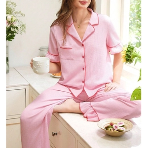 Pink texture short sleeve pajama set with ruffle trim and contrast piping detail