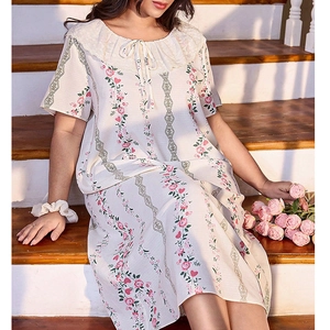Women Casual Plus Size Floral Heart Print Nightgown Sweet Lace Peter Pan Collar Midi Sleep Dress Loungewear For Spring Summer