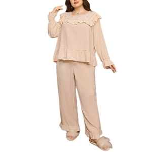 Elegant apricot lace ruffle pajama set with textured dots and long sleeves for women