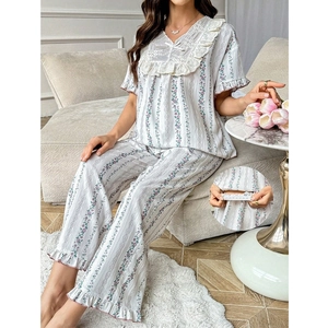 Floral maternity pajama set with V-neck lace collar and striped short sleeve top and pants
